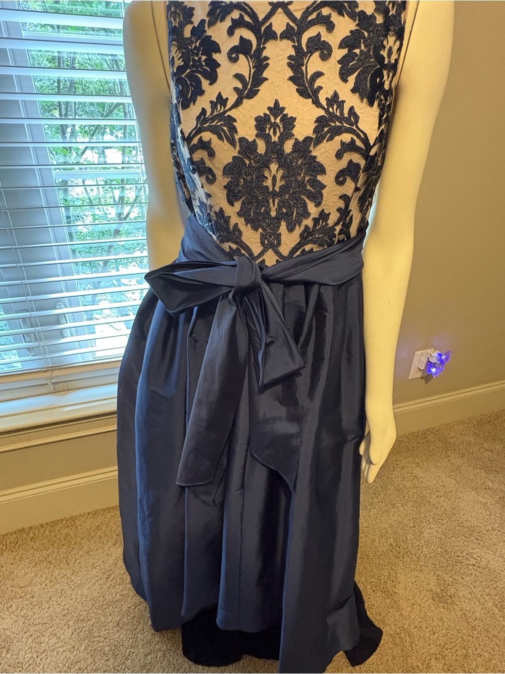 Navy and Ivory Lace Bodice A-Line Dress with Waist Tie